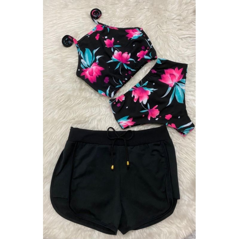 Kit 3 Peças Feminino Praia Verão -Cropped Cruzado + Short Preto + Calcinha Biquíni Moda Praia 2025 M AO G2(TAM 36 AO 56)