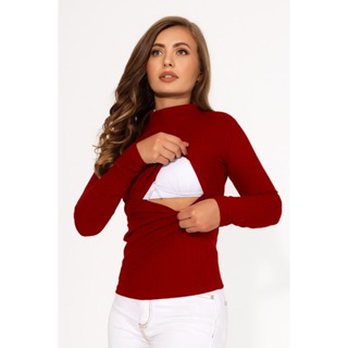 Blusa Amamentação Manga Longa Gola Alta Canelado Gestante em Oferta na Shopee