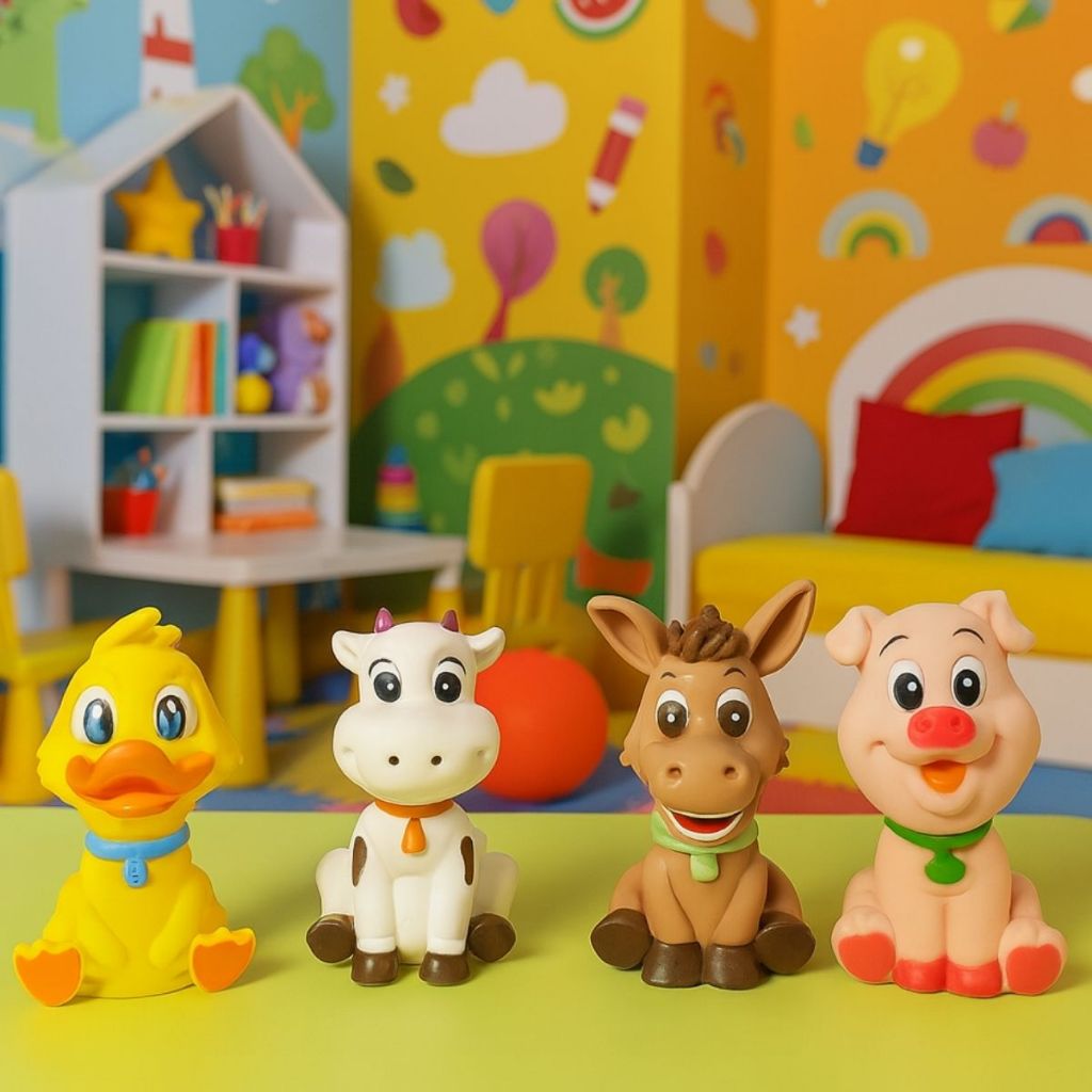 Brinquedo Bichinhos de Vinil Mordedor Banho Fazendinha Kit 4 Pato Vaca Burro Porco Bebê Infantil