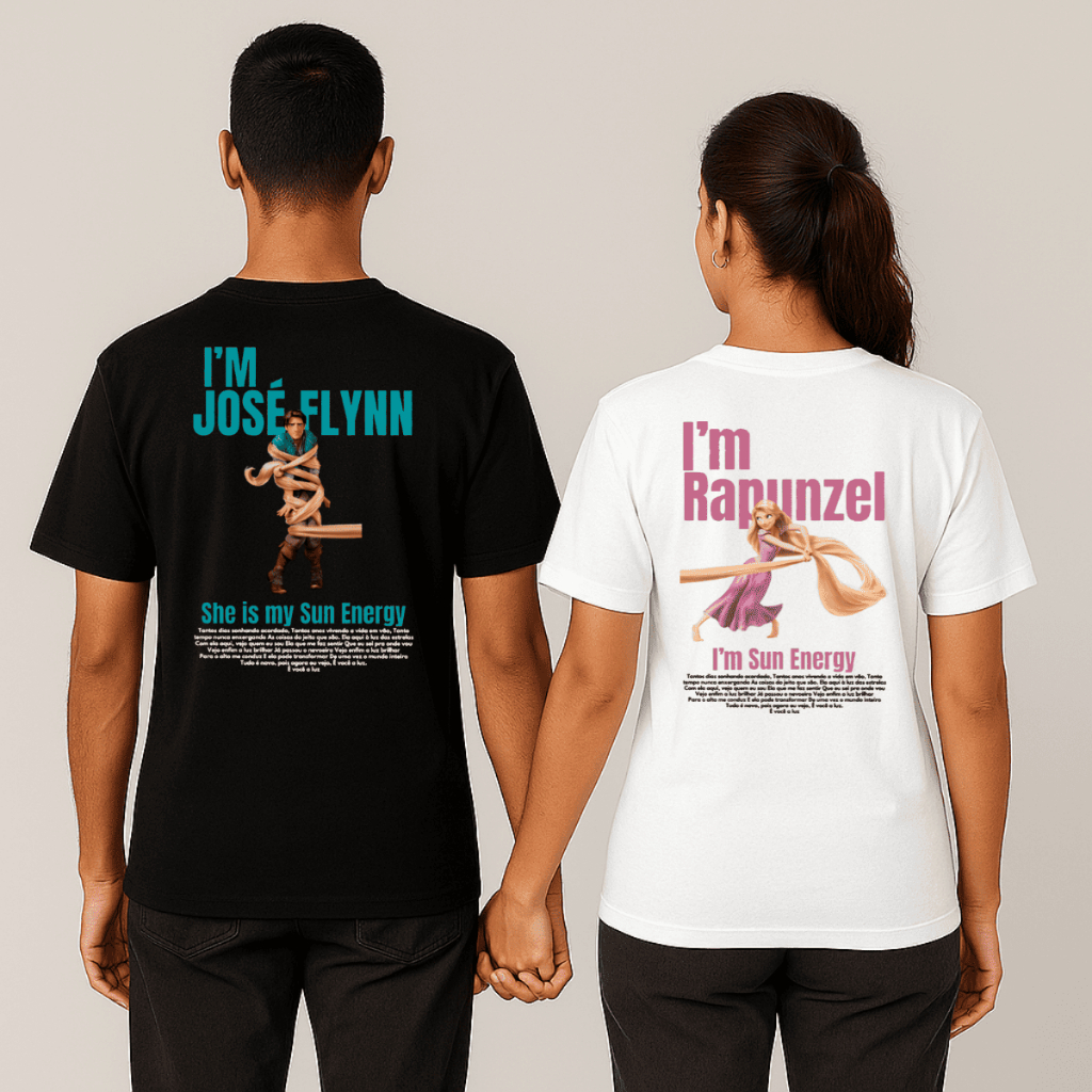 Kit Conjunto Camisetas para Casal Modelo: "Flynn e Rapunzel Sun Energy" - Promoção Especial / Novidade Inédita Especial em Oferta na Shopee