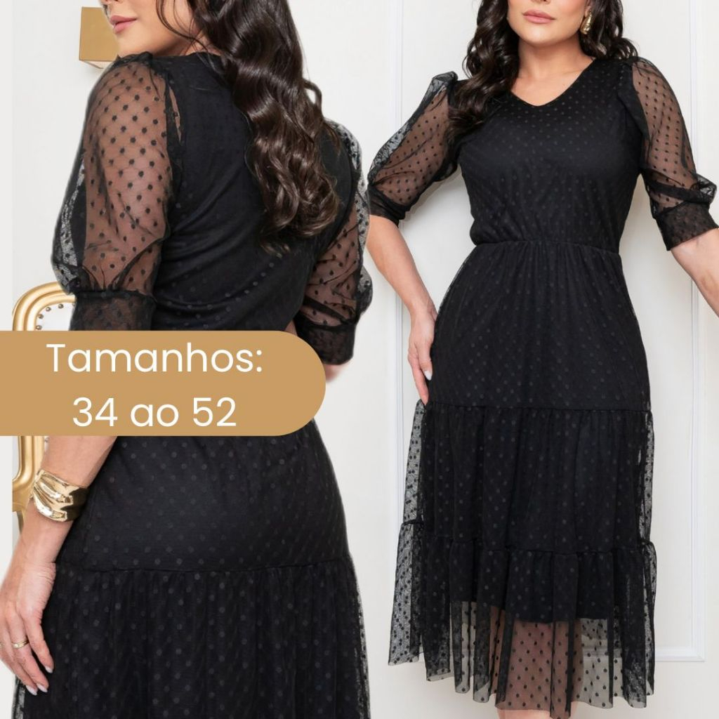 Vestido Midi Tule Godê Bolinha Poá Evangélico Manga 3/4 Bufante