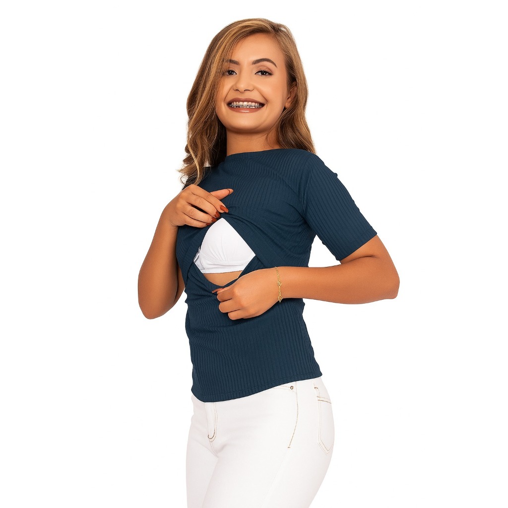 Blusa Amamentação Manga Curta Gola Alta Canelado Gestante Confortável em Oferta na Shopee