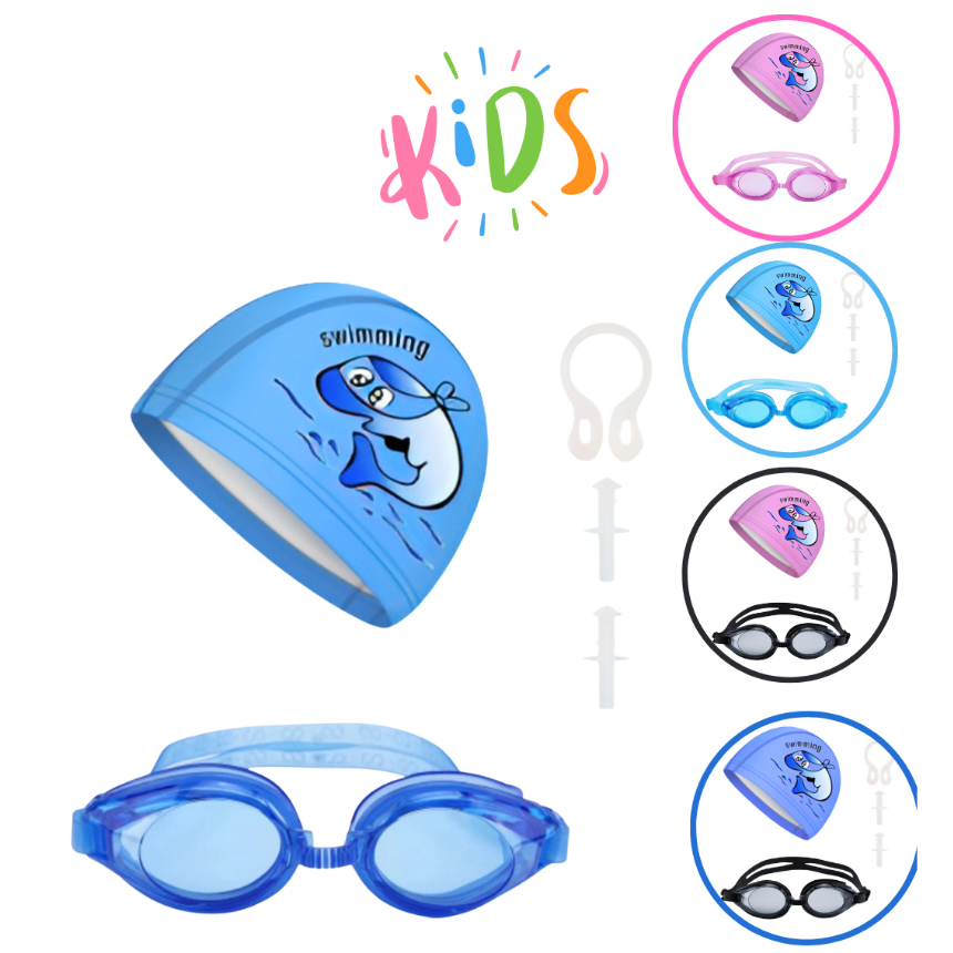 Kit de Natação Infantil Óculos Touca PU com Protetor Nasal e Auricular Kids em Oferta na Shopee