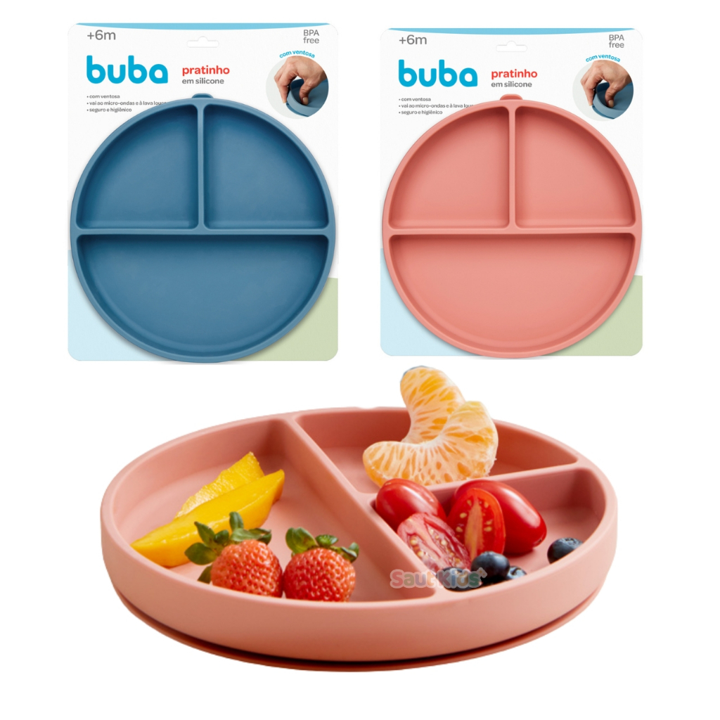 Pratinho para Bebê com Ventosa e Divisória de Silicone Buba para Menino e Menina Introdução Alimentar Prato Infantil em Oferta na Shopee