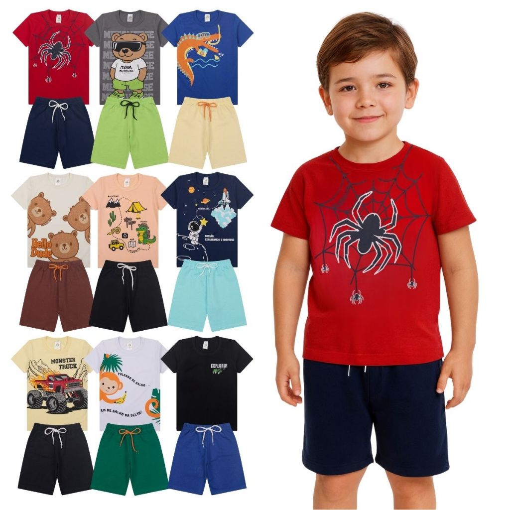 Kit Infantil 20 Peças De Roupas Menino Infantil - 10 Conjuntos de verão - 10 Camisetas + 10 bermudas shorts Masculino em Oferta na Shopee