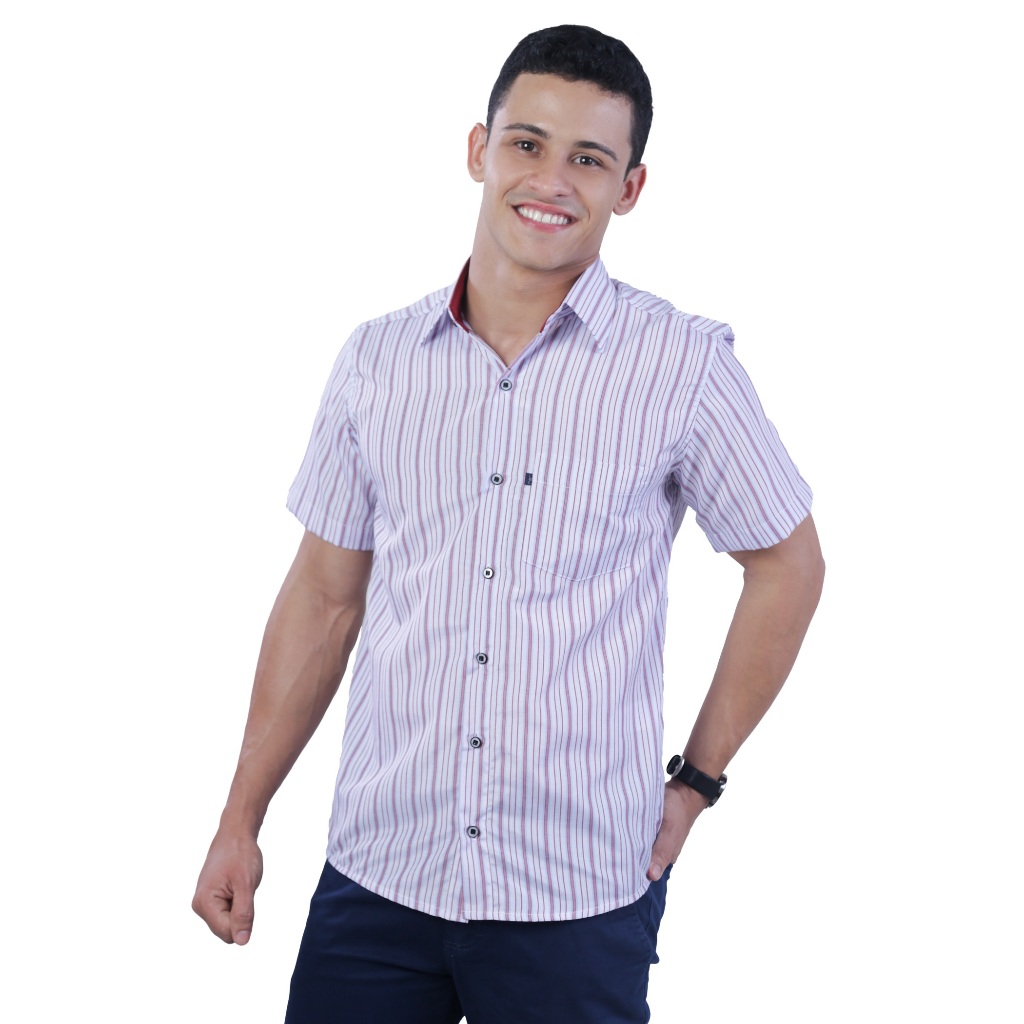 Camisa Social Masculina Listrada Comfort Manga Curta Com Bolso