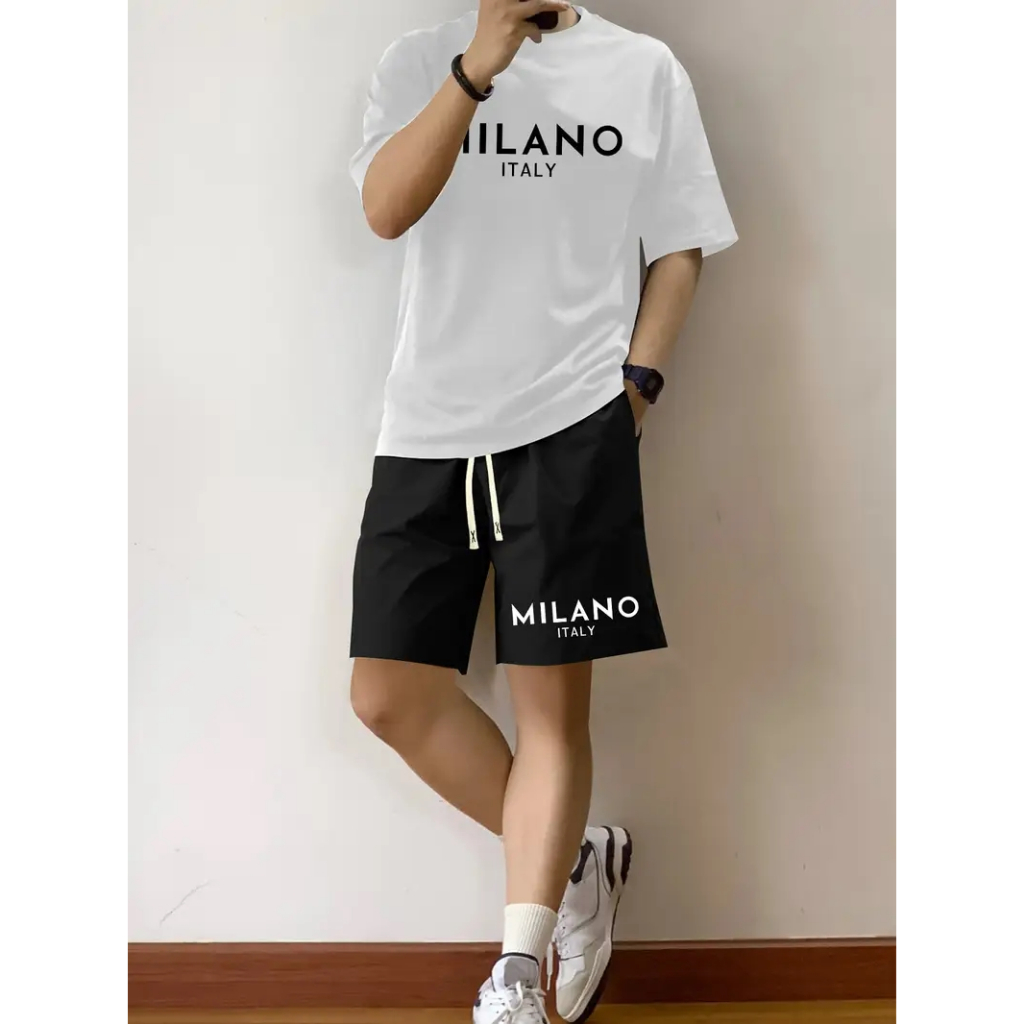 KIT SHORT MOLETOM+CAMISETA MASCULINO ALGODÃO PREMIUM CASUAL E ESPORTIVO MILANO ITALY