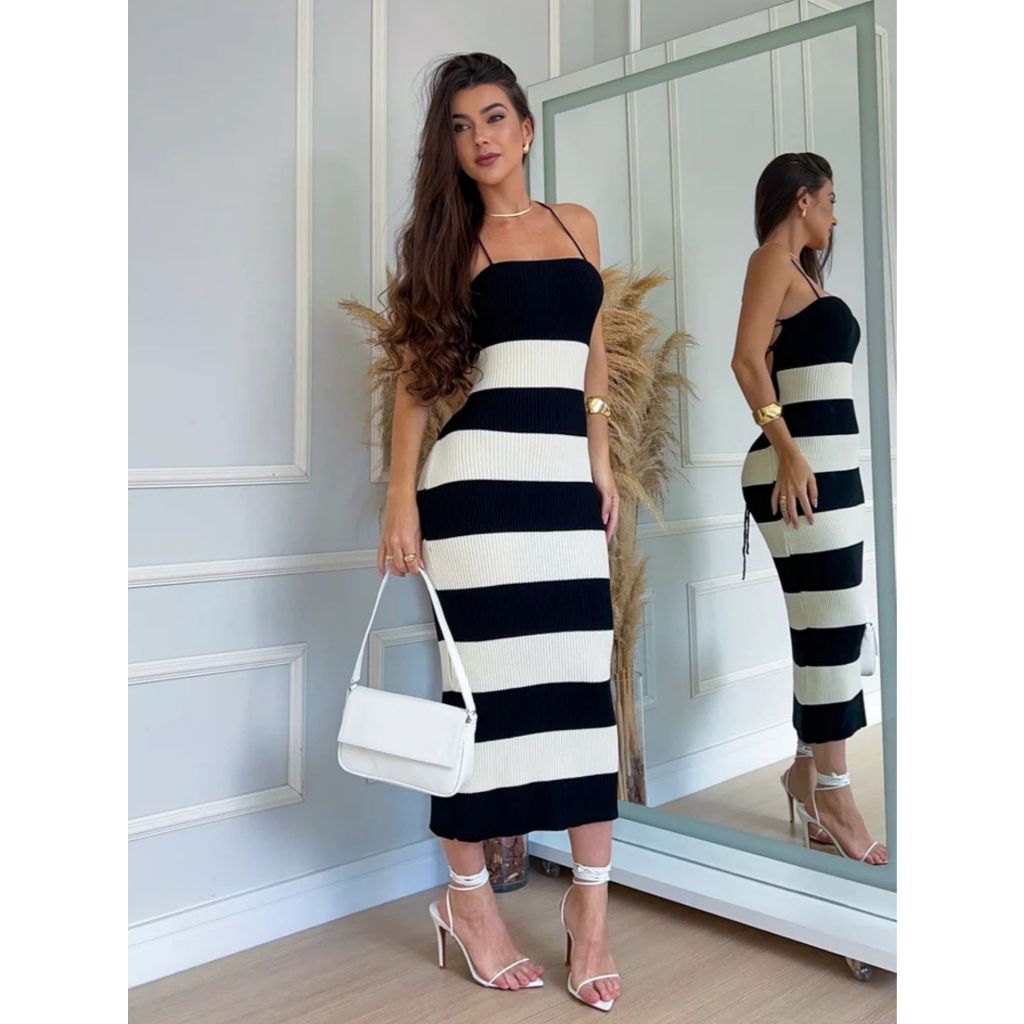 vestido listrado feminino primavera verão costas trançadas summer 2025