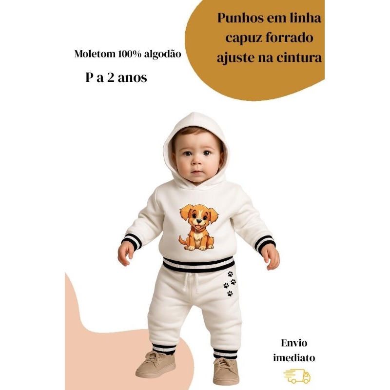 🍼 Conjunto Moletom Flanelado Bebê Unissex com Capuz Forrado Blusa + CalçaSuper Macio e Confortável