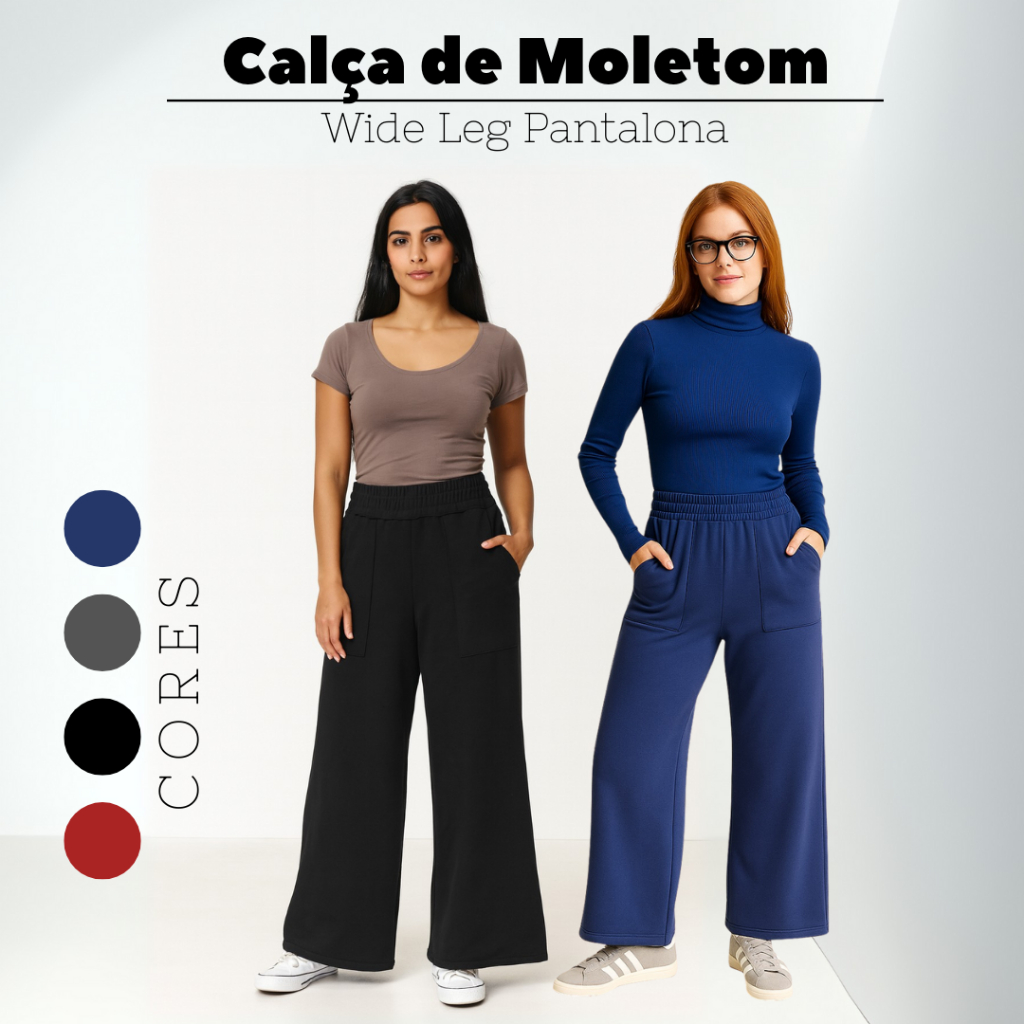 Calça Cintura Alta com Bolso Feminina Pantalona Wide Leg Moletom Flanelado Conforto e Estilo