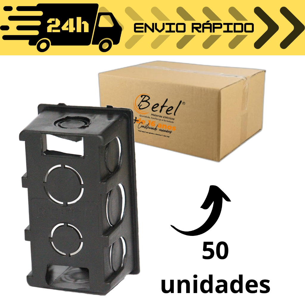 Kit 50 Caixa de Luz 4x2 Preta Betel Para Tomada Interruptor Embutir Obra