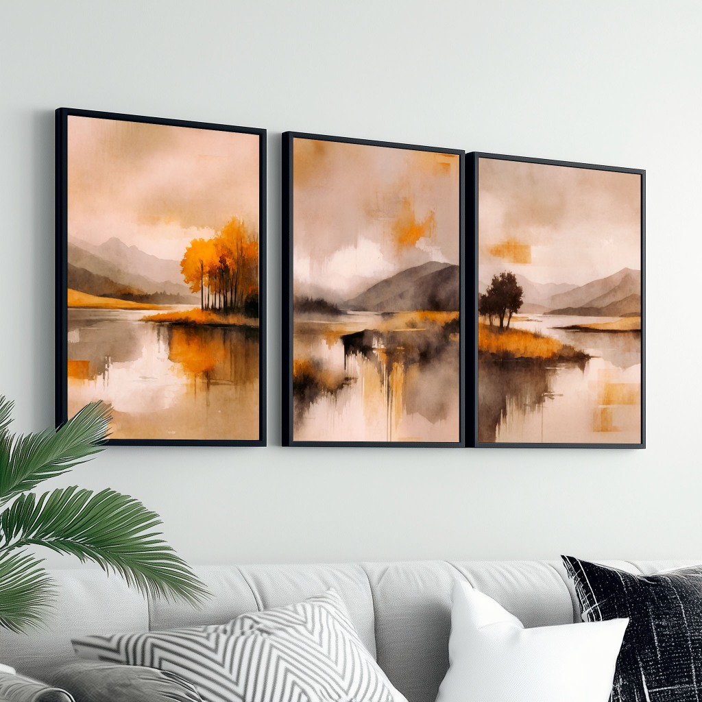 Kit 3 Quadros Decorativos 60x90 cm Moldura e Vidro Para Sala Quarto Escritório Paisagem — imagem 2 de 2
