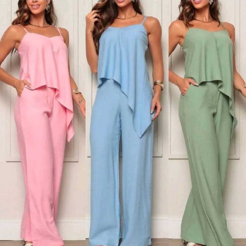 Conjunto Feminino Calça Pantalona e Cropped Alcinha Assimétrico Leve Confortável Moda Verão