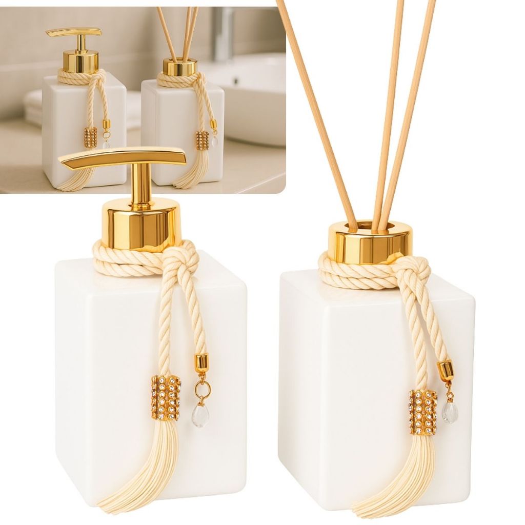 Kit Lavabo Branco Cubo 250ml C/ Enfeite Sabonete E Difusor