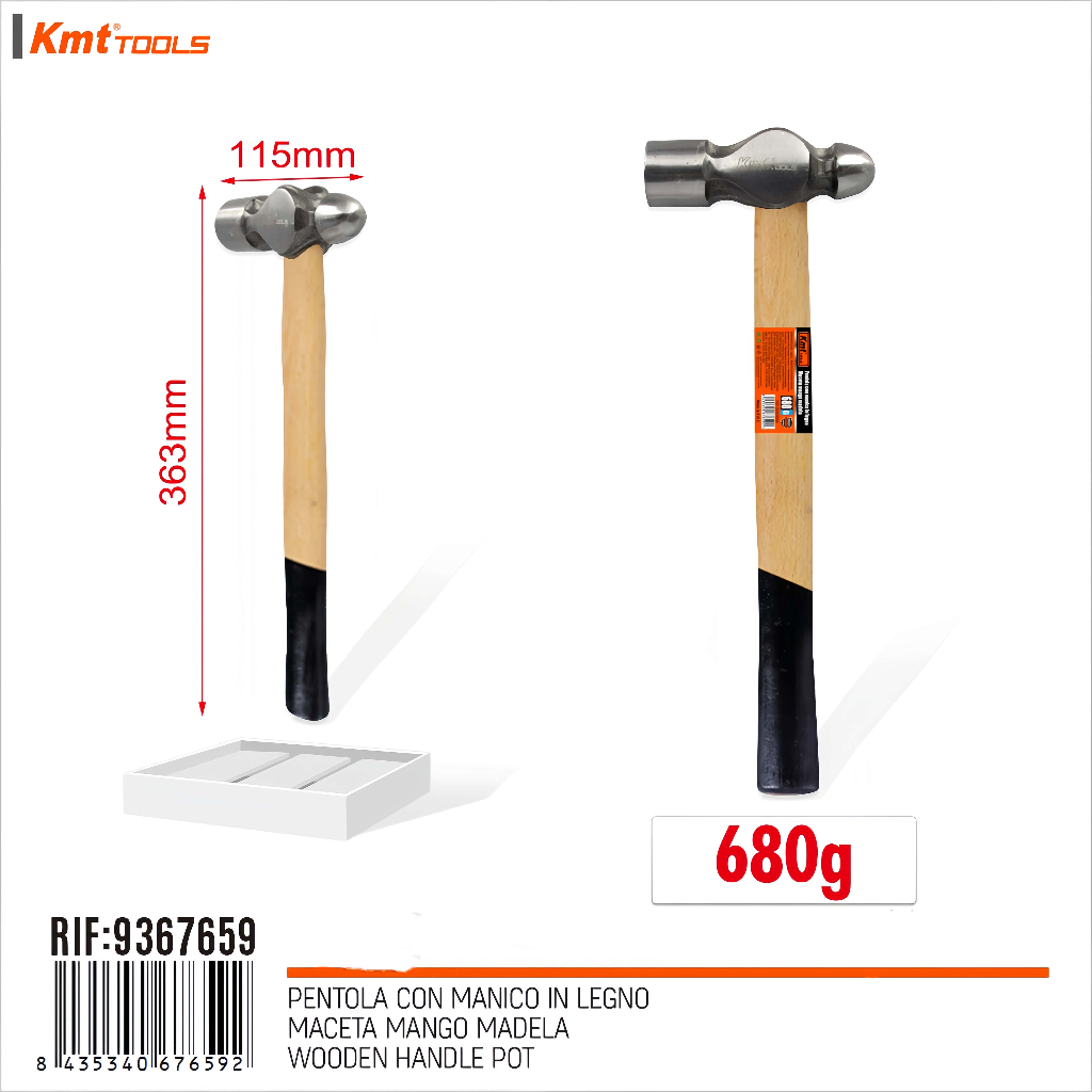 Martelo Bola 680g Cabo de Madeira Kmt Tools – Martelo de Aço para Mecânica, Marcenaria e Construção