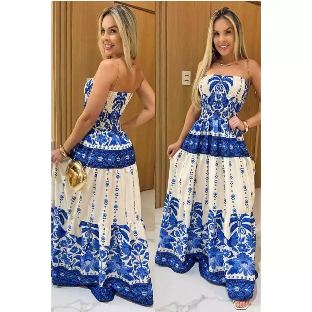 Vestido LONGO Verão Estampado Azul Tomara que Caia Com Elastex — imagem 1
