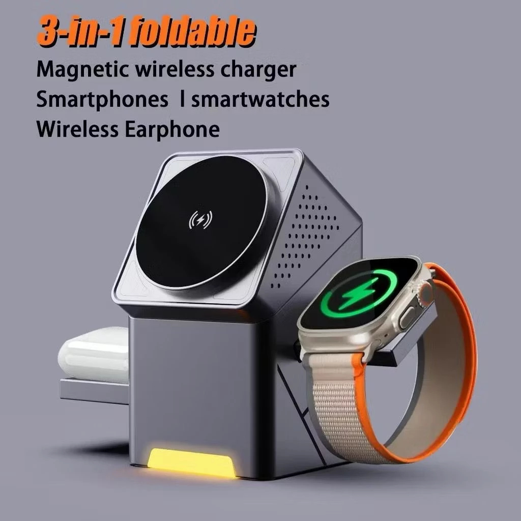 Carregador Sem Fio Magnético 3 em 1 PEI-WS27 – Dock de Mesa Multifuncional 15W para Celular, Relógio e Fones Bluetooth