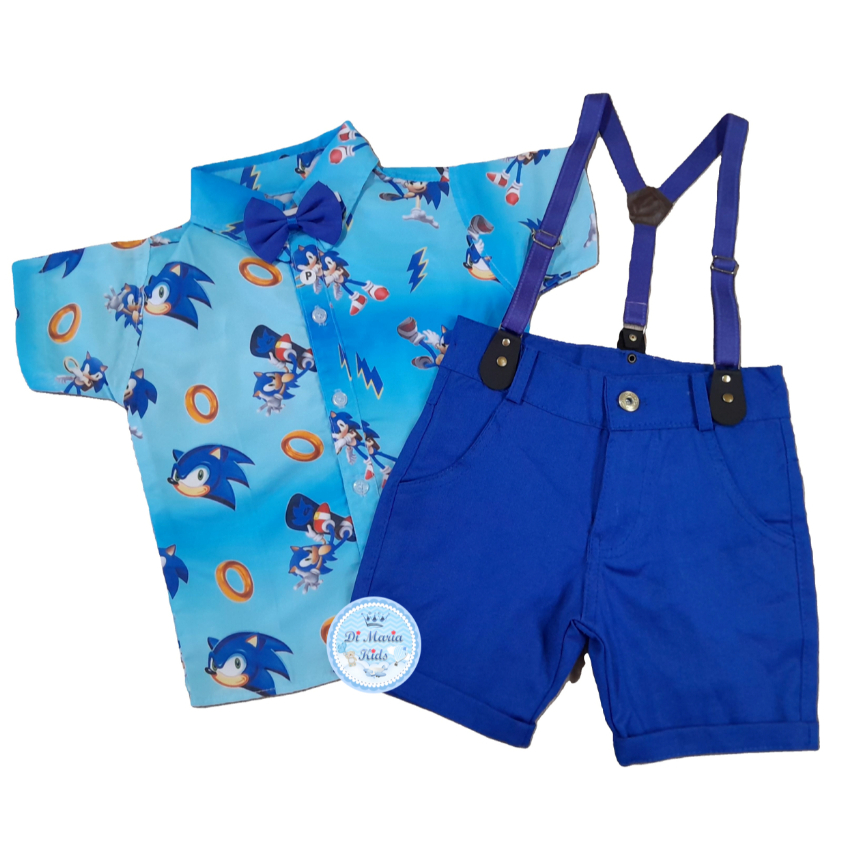 Conjunto Temático Sonic Azul Camisa Short Suspensório Roupa bebe menino festa infantil Personagens