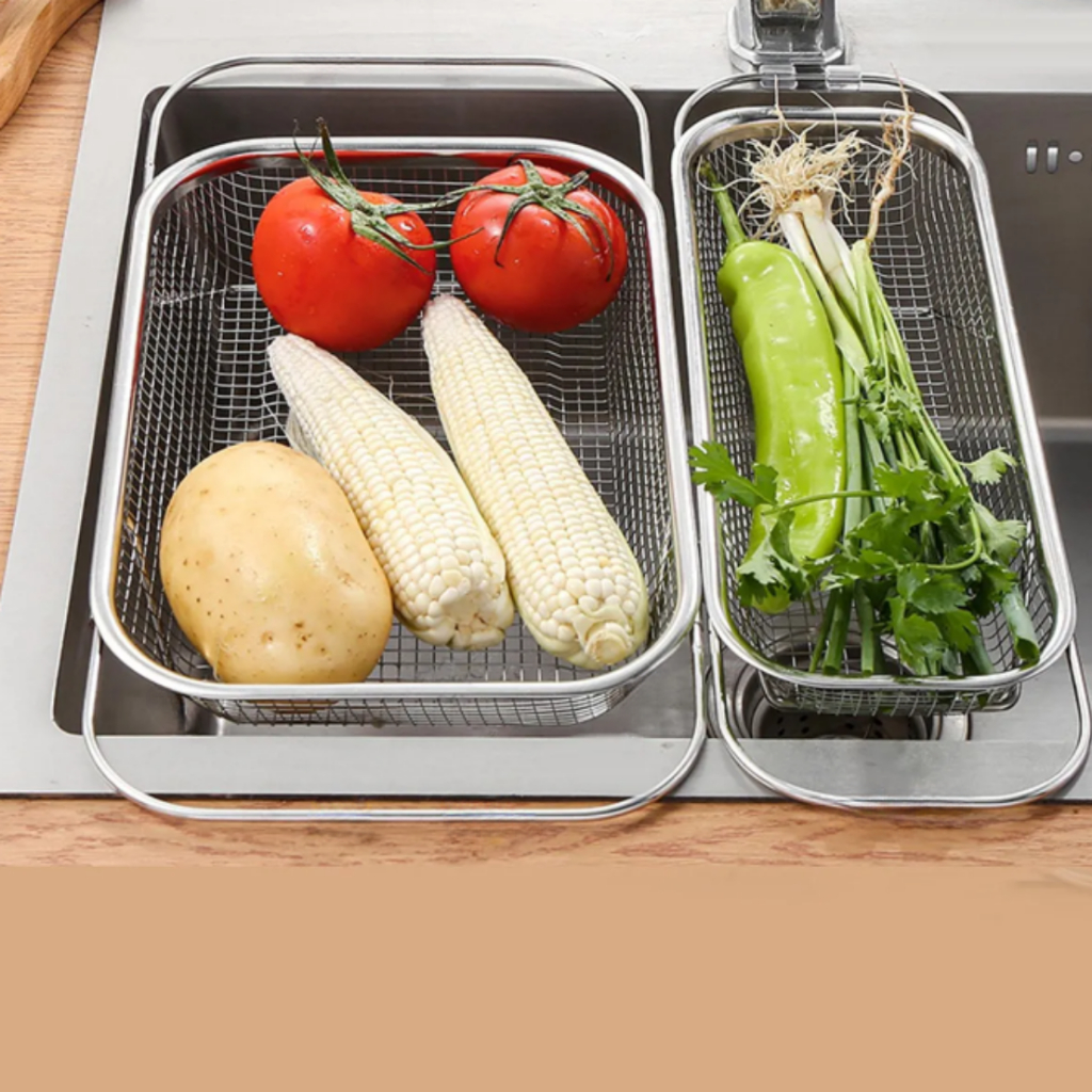 Escorredor de pia inox peneira Alça retrátil fruteira alimentos Envio em 24 horas