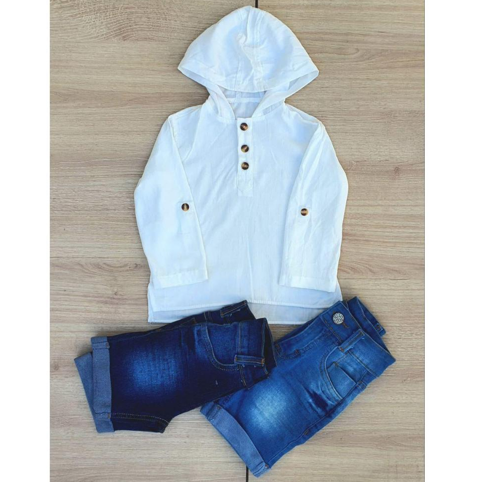 Camisa Infantil Manga Longa Com Capuz e Botão em Oferta na Shopee
