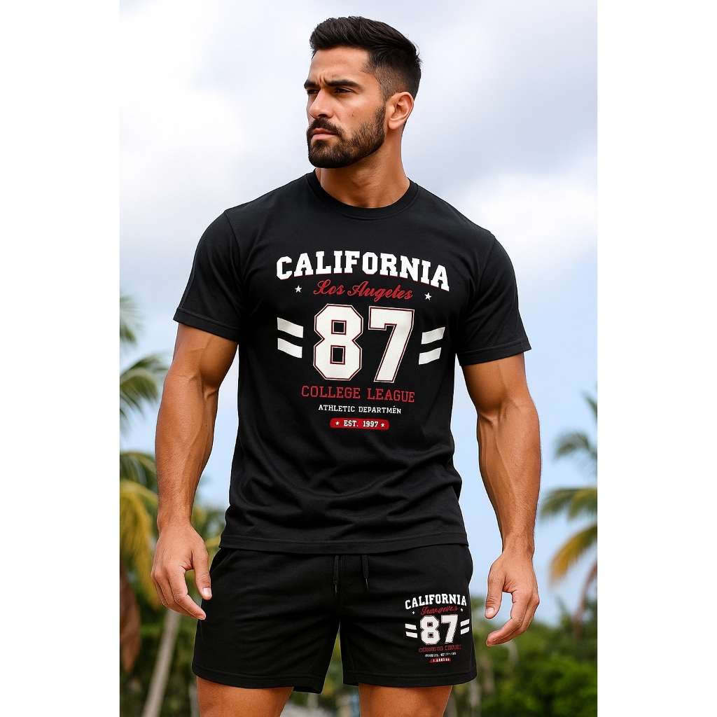 KIT SHORT MOLETOM+CAMISETA Masculino ALGODÃO PREMIUM CASUAL E ESPORTIVA CALIFORNIA 87