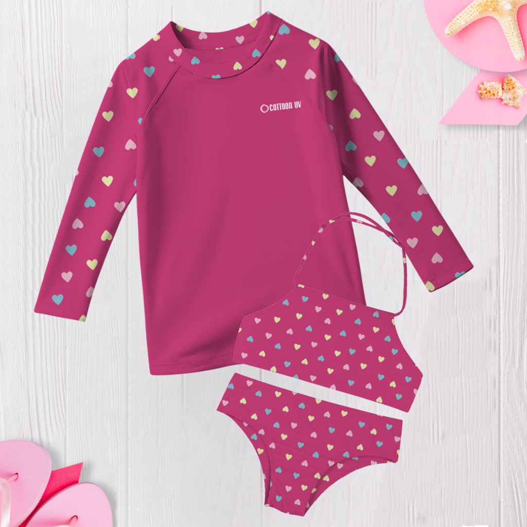 Biquini infantil + Camisa UV Proteção Solar UV 50 - Conjunto UV para meninas Estampa Coraç...