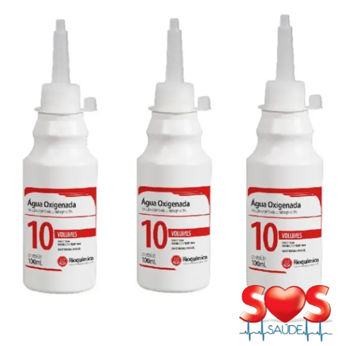 Kit Água Oxigenada Antisséptica 10 Volumes 100ml Rioquímica –Peróxido de Hidrogênio para Limpeza e Assepsia – C/3 Unidad