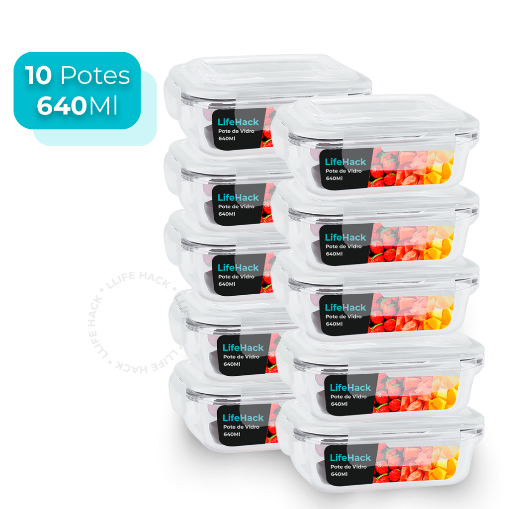 Imagem Conjunto 10 Potes Vidro Hermético Mantimentos Marmita 640ml