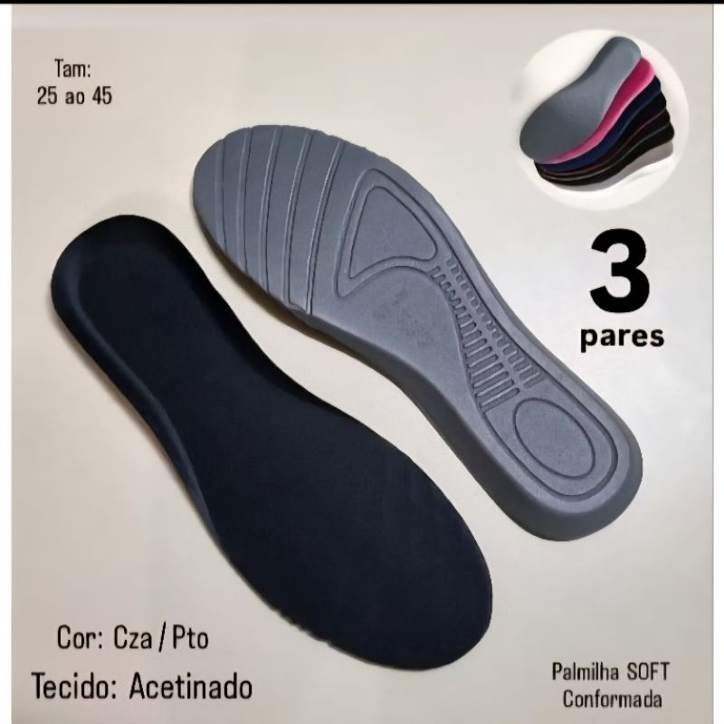 3 PARES PALMILHA CONFORTAVEL SOFT, 25 AO 45 P/TÊNIS  MASC E FEM,SAPATO,BOTA,CHUT,PALMILHA ORTOPEDICA