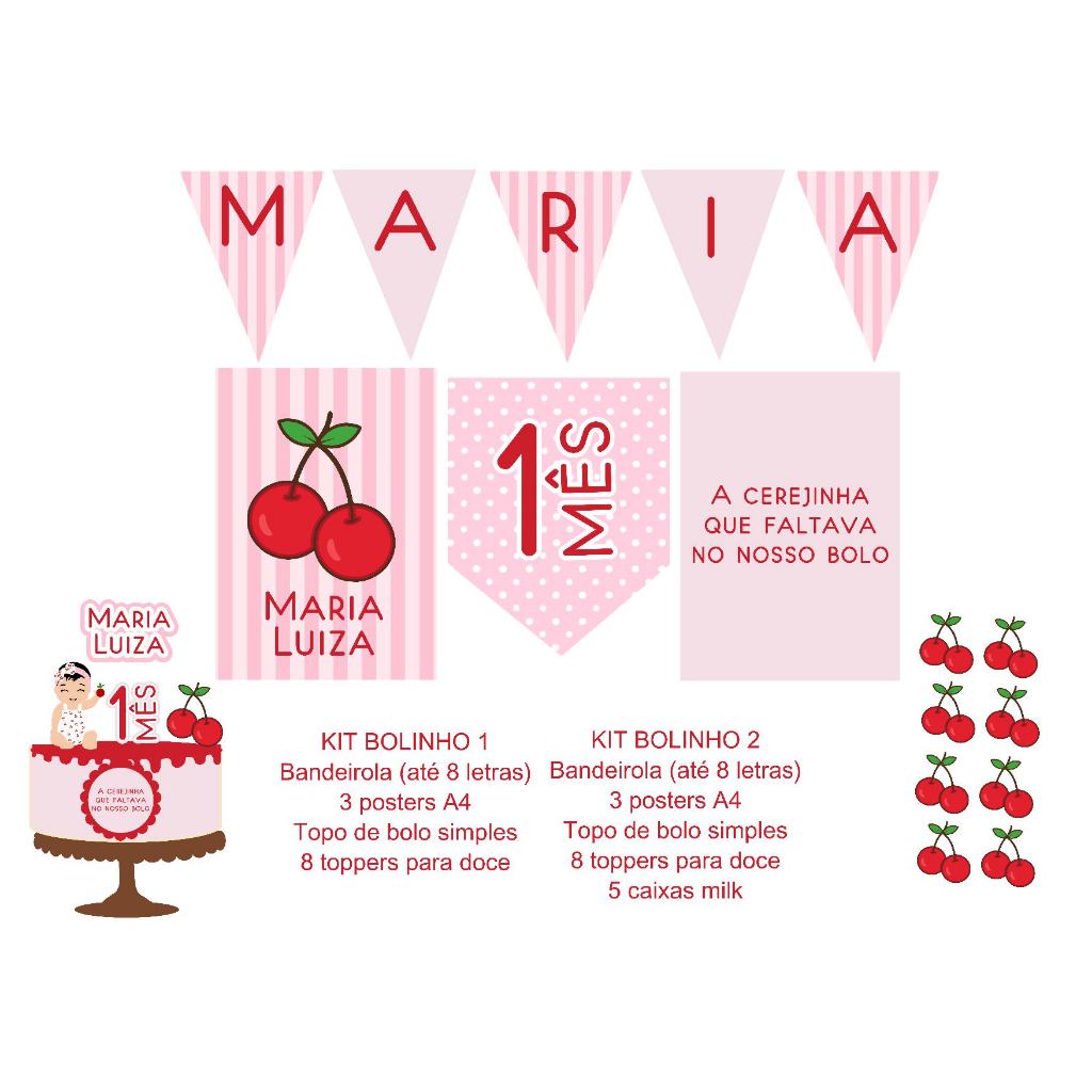 Kit Festa em Casa Personalizado | Só um Bolinho | Mesversário Aniversário | Decoração de Festa | tema Cereja Cerejinha