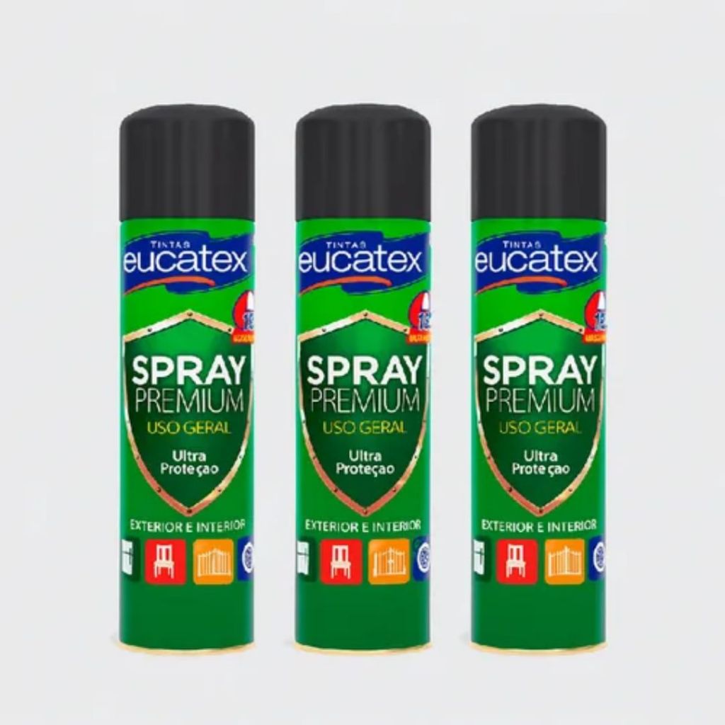 Kit 3 Tinta Spray Eucatex Preto Fosco Metal Madeira Mdf