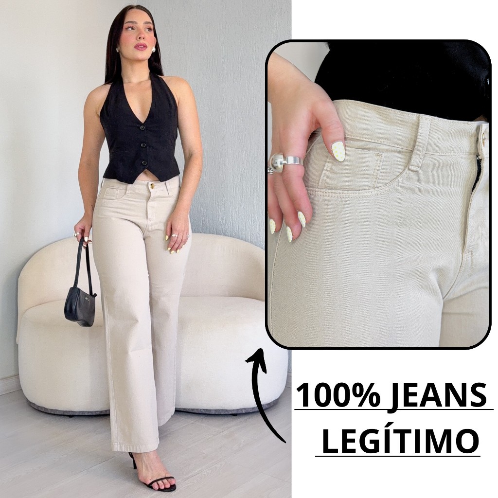 Calça Wide Leg Jeans Bege Feminina Cintura Alta 100% Algodão Alfaiataria Tendência 34 a 46 Pantalona