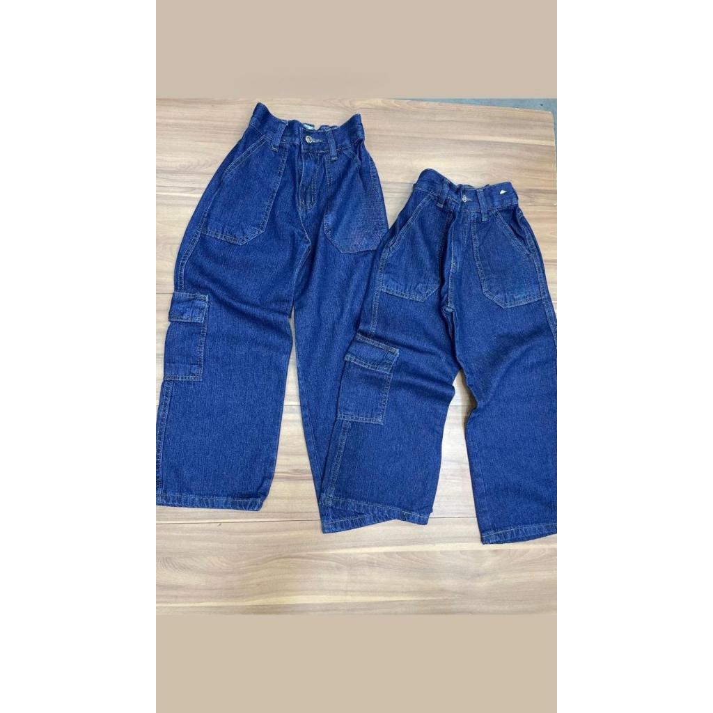 Calça Jeans Wide Leg Cargo Infantil e Juvenil Bolso Lateral