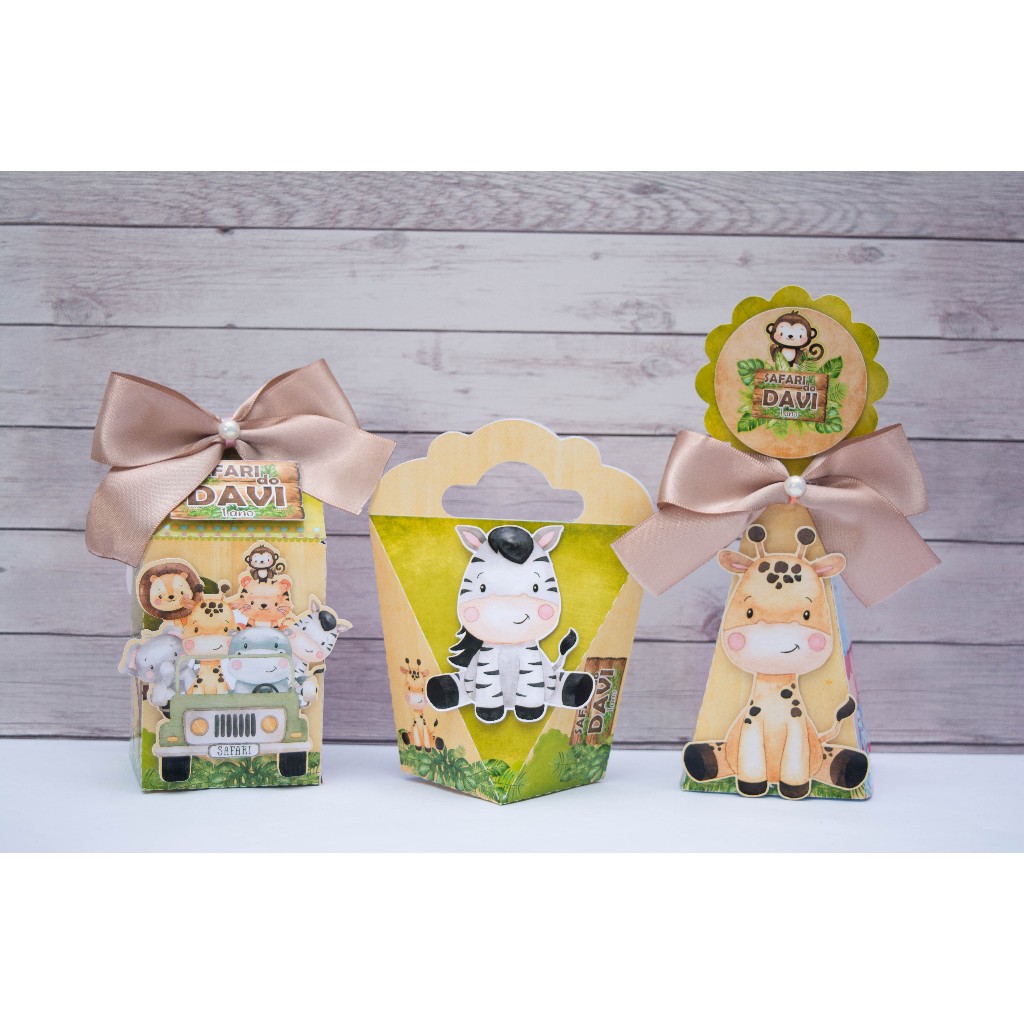 Caixinhas 3D personalizadas SAFARI BABY pegue e monte caixas lembrancinhas maleta triangulo com alça milk piramide cone