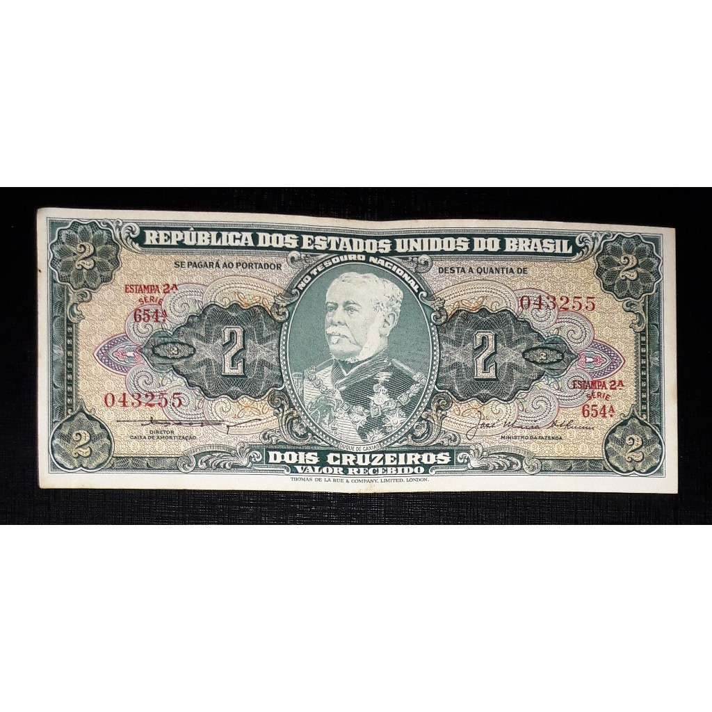 Nota Antiga 2 Cruzeiros Cédula Dinheiro 1944 Original Rara Anos 40 Série 654A 043255 Numismática Duque de Caxias