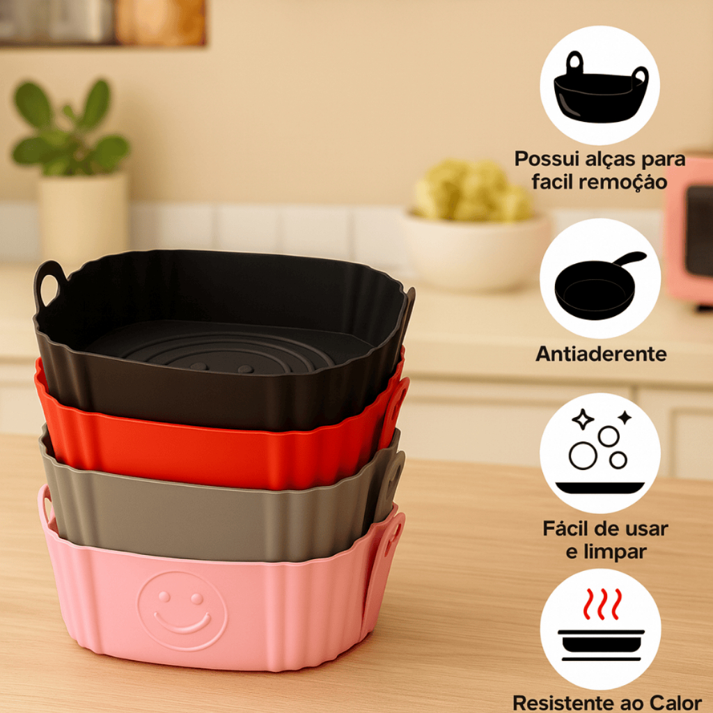 Kit 4, 3, 2 ou 1 Formas airfryer Silicone Antiaderente Quadrada-Fritadeira, Forno,Microondas