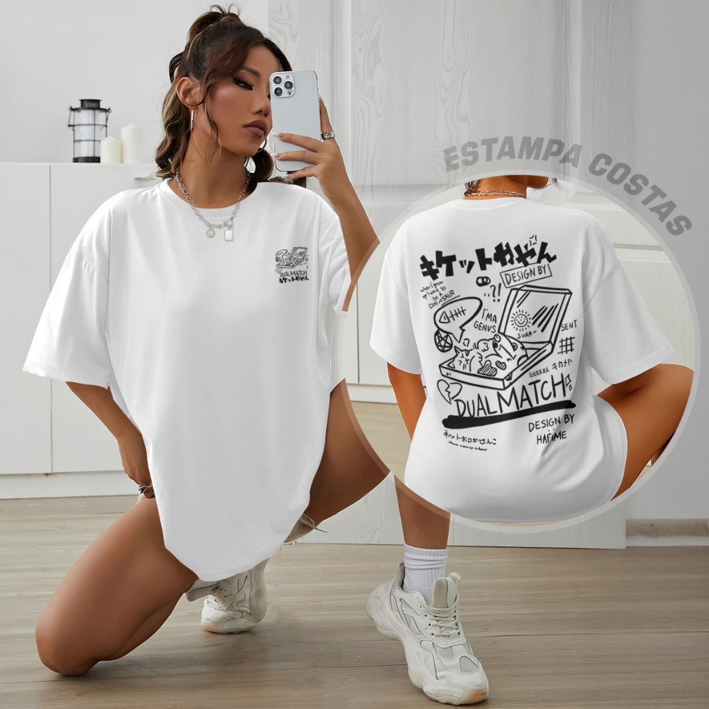 Camisa F/C Gatinho na Caixa Blusa Feminina Algodão Estilo Streetwear Asiático