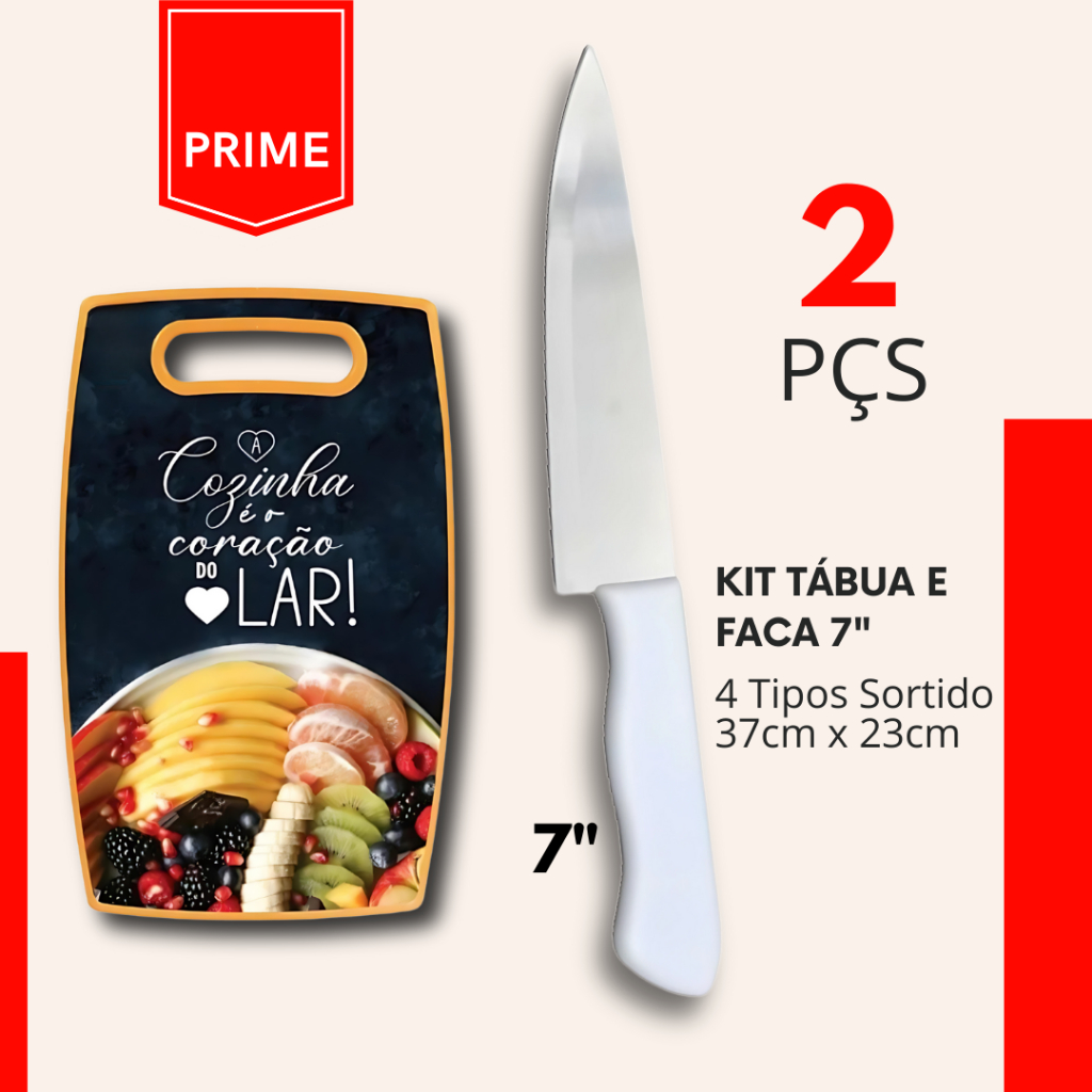 Kit - Tabua De Cozinha e Faca 7" Para Corte de Alimentos Carne Legumes Frutas