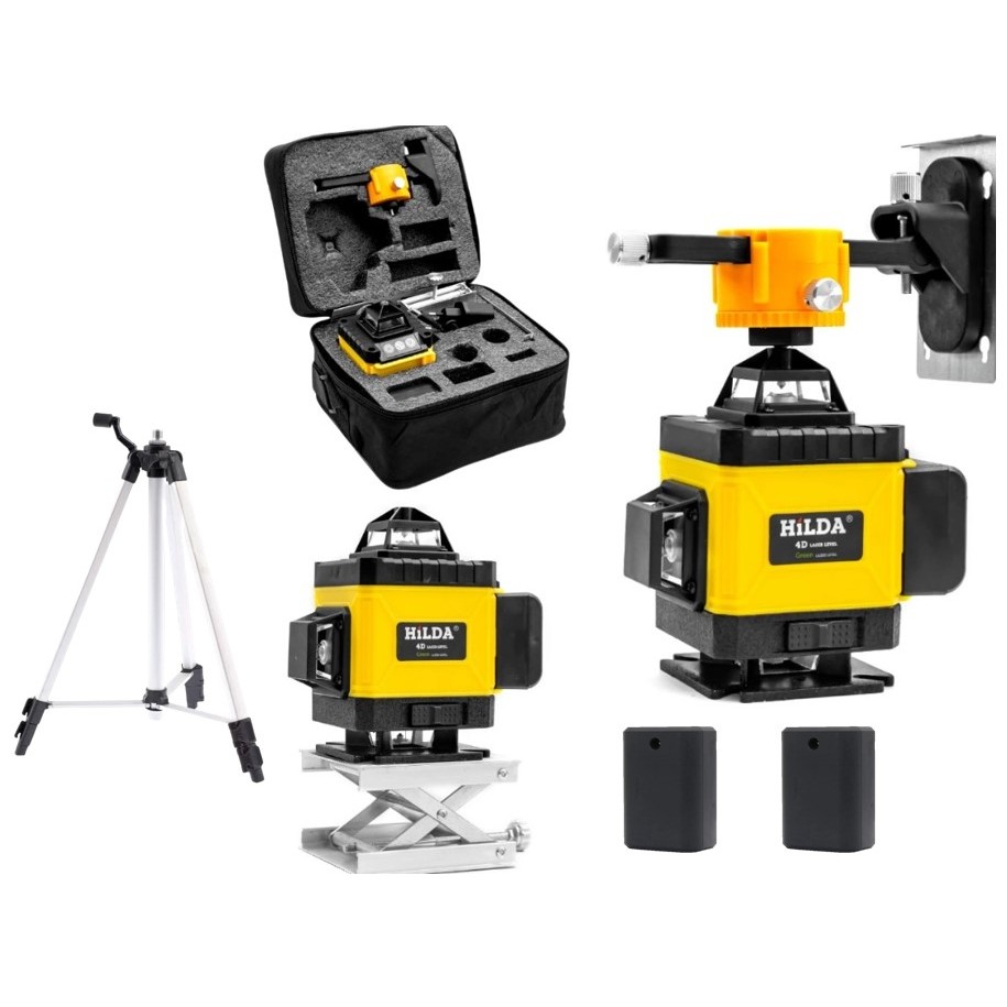 Nível Laser 16 Linhas Verde 4d Hilda Profissional 2 Baterias Recarregável + Tripé Alumínio 1,2 M