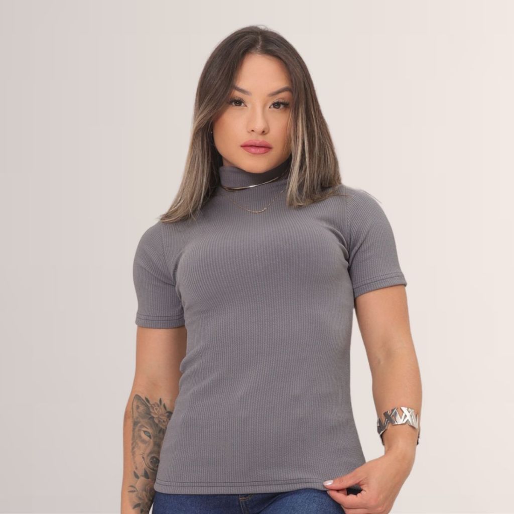 Blusa Feminina Gola Alta Canelada T-shirt Estilosa Manga Curta Basica Casual Moda Premium