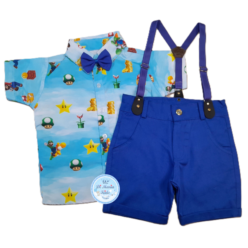 Conjunto Temático Super Mario Camisa Short Suspensório Roupa bebe menino festa infantil Personagens