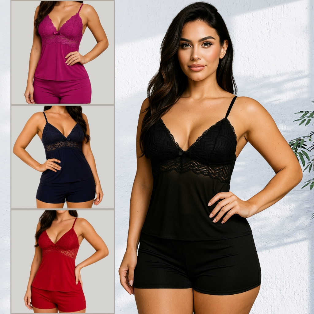 Babydoll Short Detalhes em Renda Sexy Verão Luxo Confortável Delicado Pijama de Dormir Alça