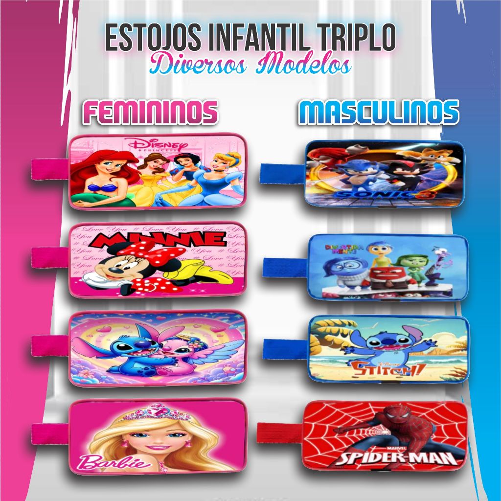 Estojo Infantil Escolar Triplo Personagens Grande 3 Zíperes Divisórias