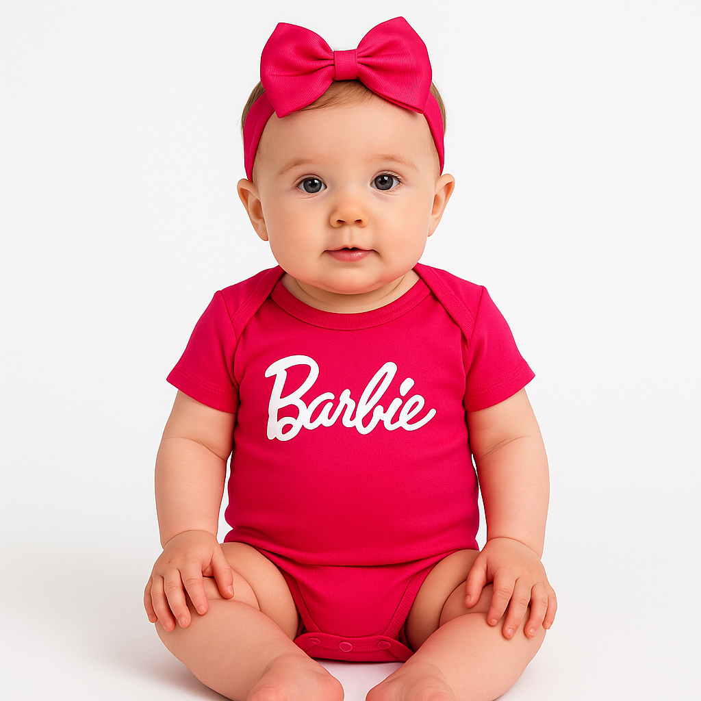 Body Bebê Mesversário Barbie Mundo Rosa com Faixa Festa Aniversário Meninas Temático P ao G