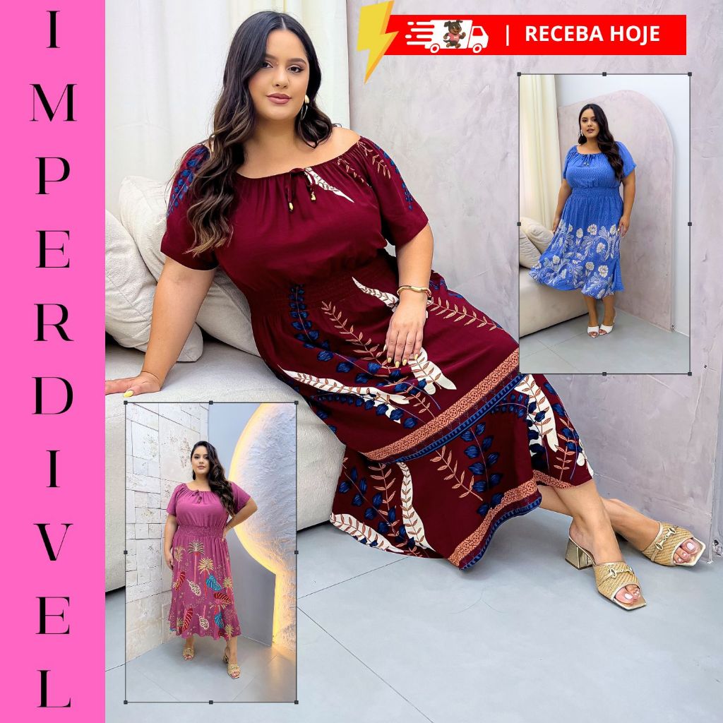 Vestido plus size feminino Ciganinha Soltinho Estampado Liso