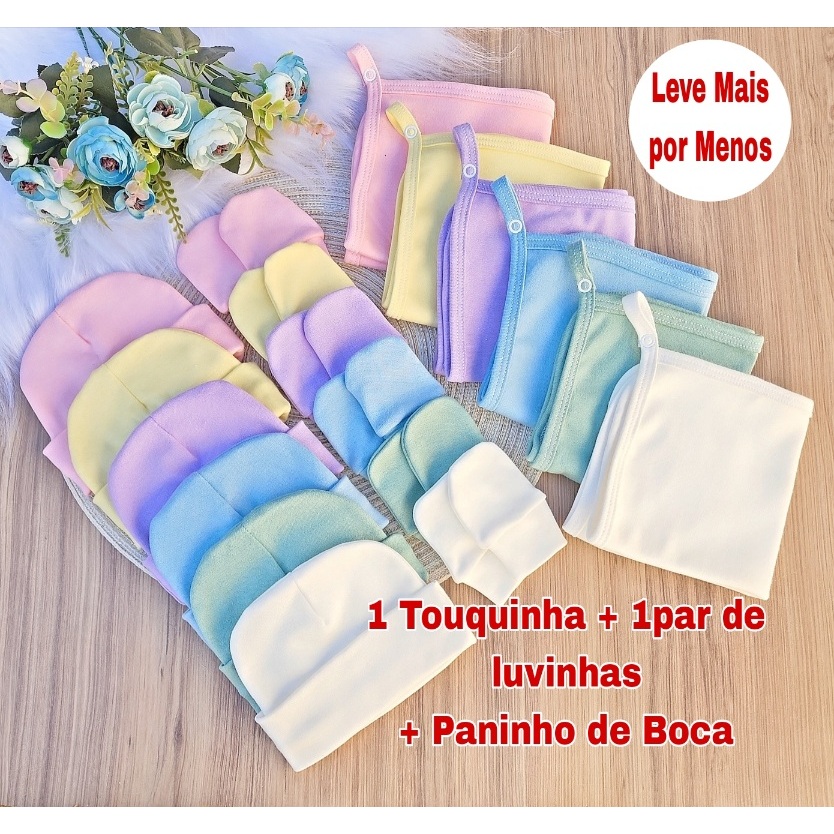 Kit com 2 Touca e 2 Luva 2 Paninho de Boca com Prendedor de Chupeta Para Bebê Recém Nascido Maternidade