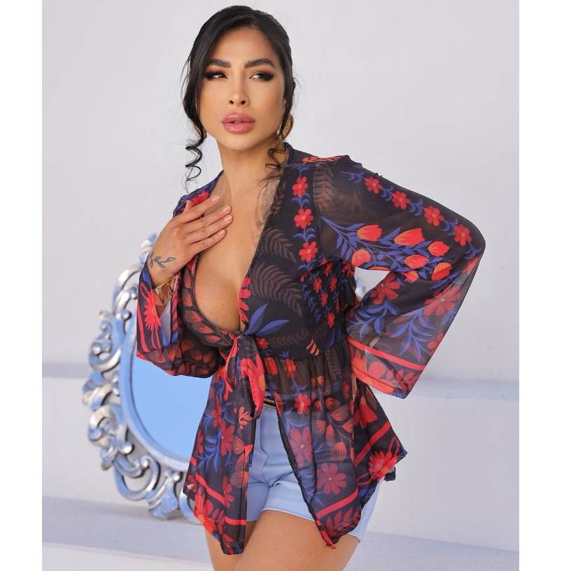 Blusa Feminina Bata Manga Longa Flare Estampa Floral Amarração Frontal em Gola Decote V Moda 2025