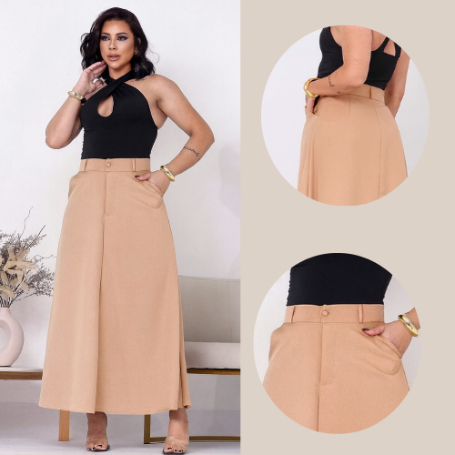 Saia Longa Feminina Social Alafaiataria Cintura Alta com Bolsos