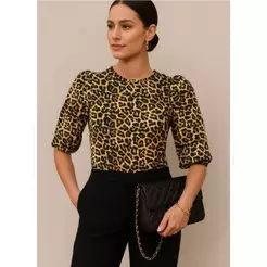 Blusa Feminina Animal Print Manga 3/4 Elegante Estilo Fashion Casual Outono