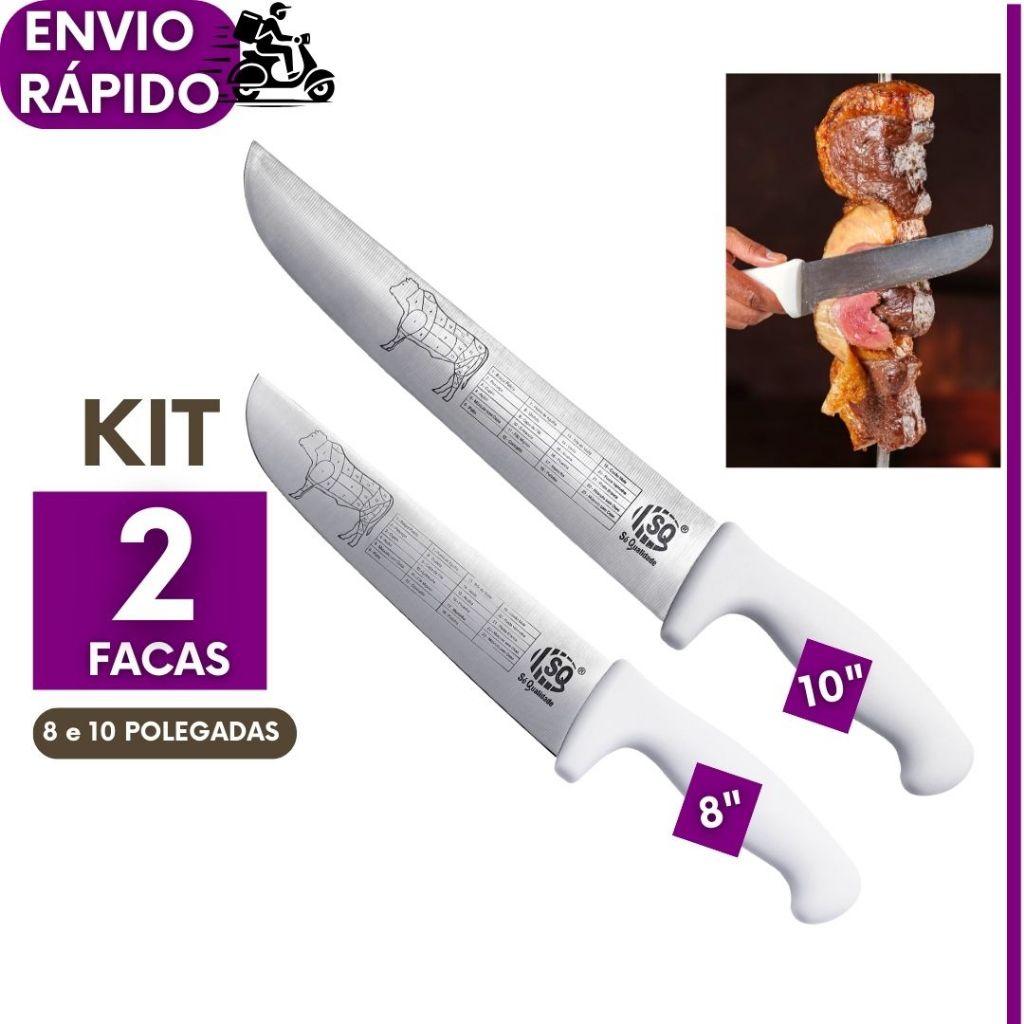 Imagem Kits Faca Profissional de 10" e 8" Inox Cozinha Carne Churrasco Chef Cabo Branco